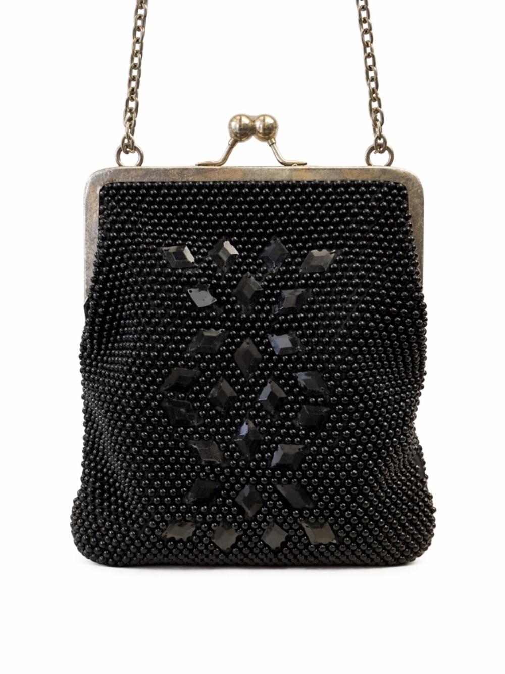 Vintage 1950 ‘Fine Arts Bag Co’ Black Beaded Kiss & Lock Handbag — GUC